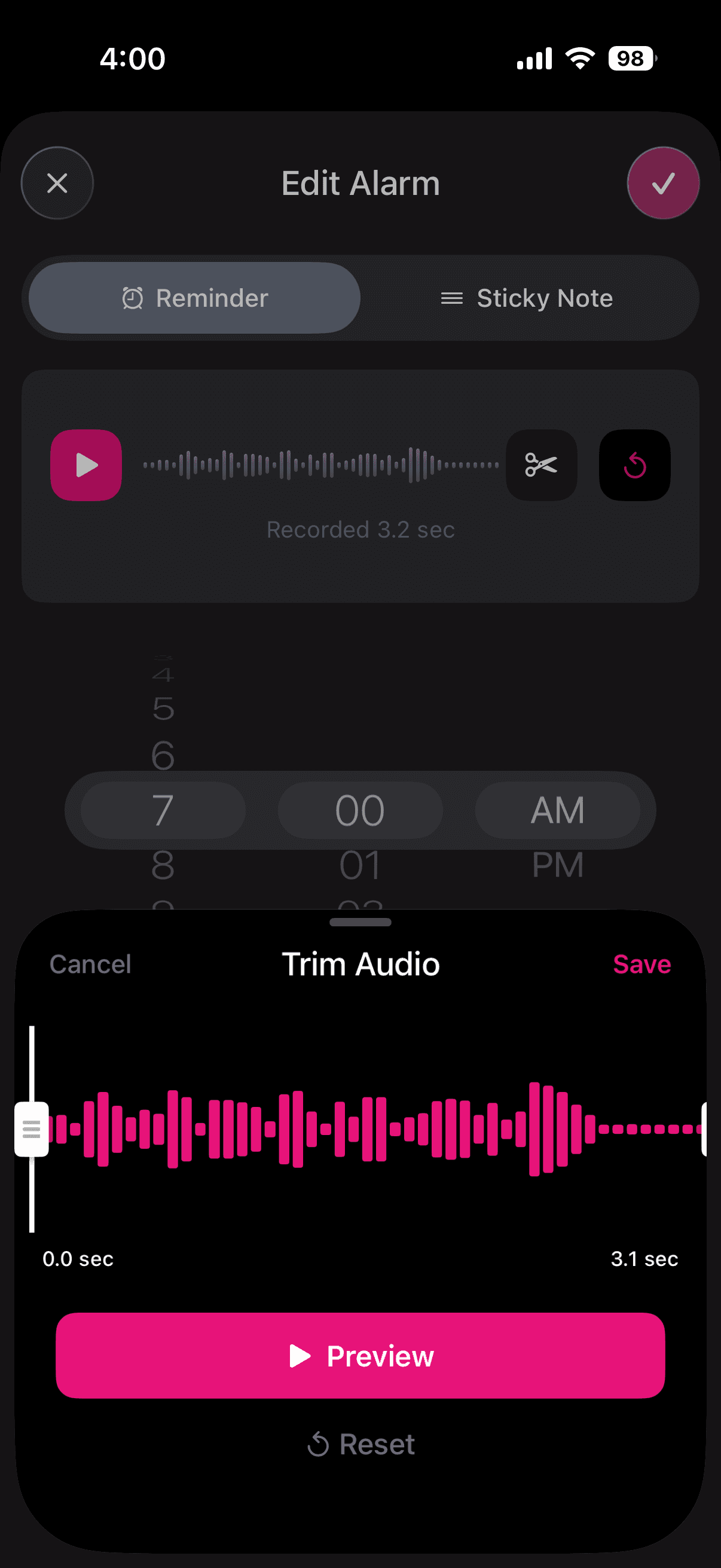 Louder app edit alarm screen with audio trimming and time picker